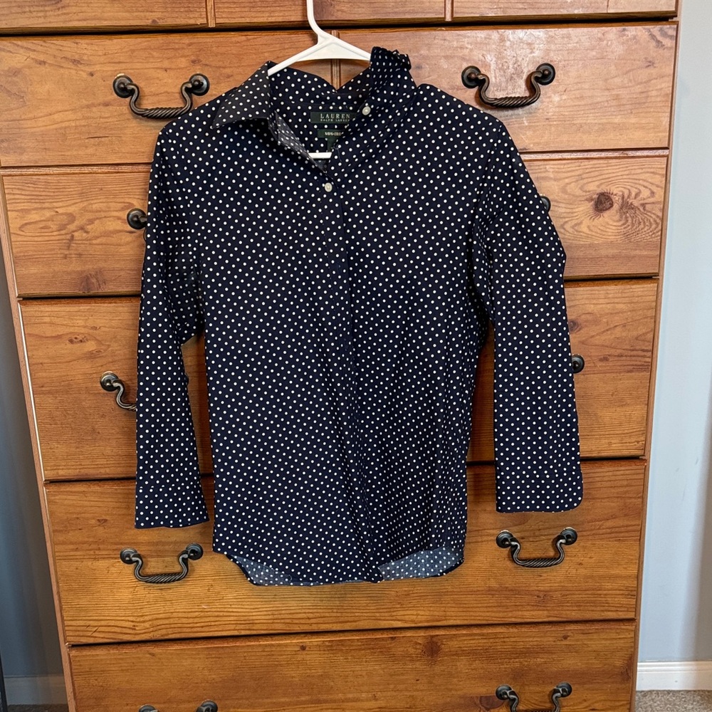 Ralph Lauren Navy and White Polka Dot Button-Down Shirt